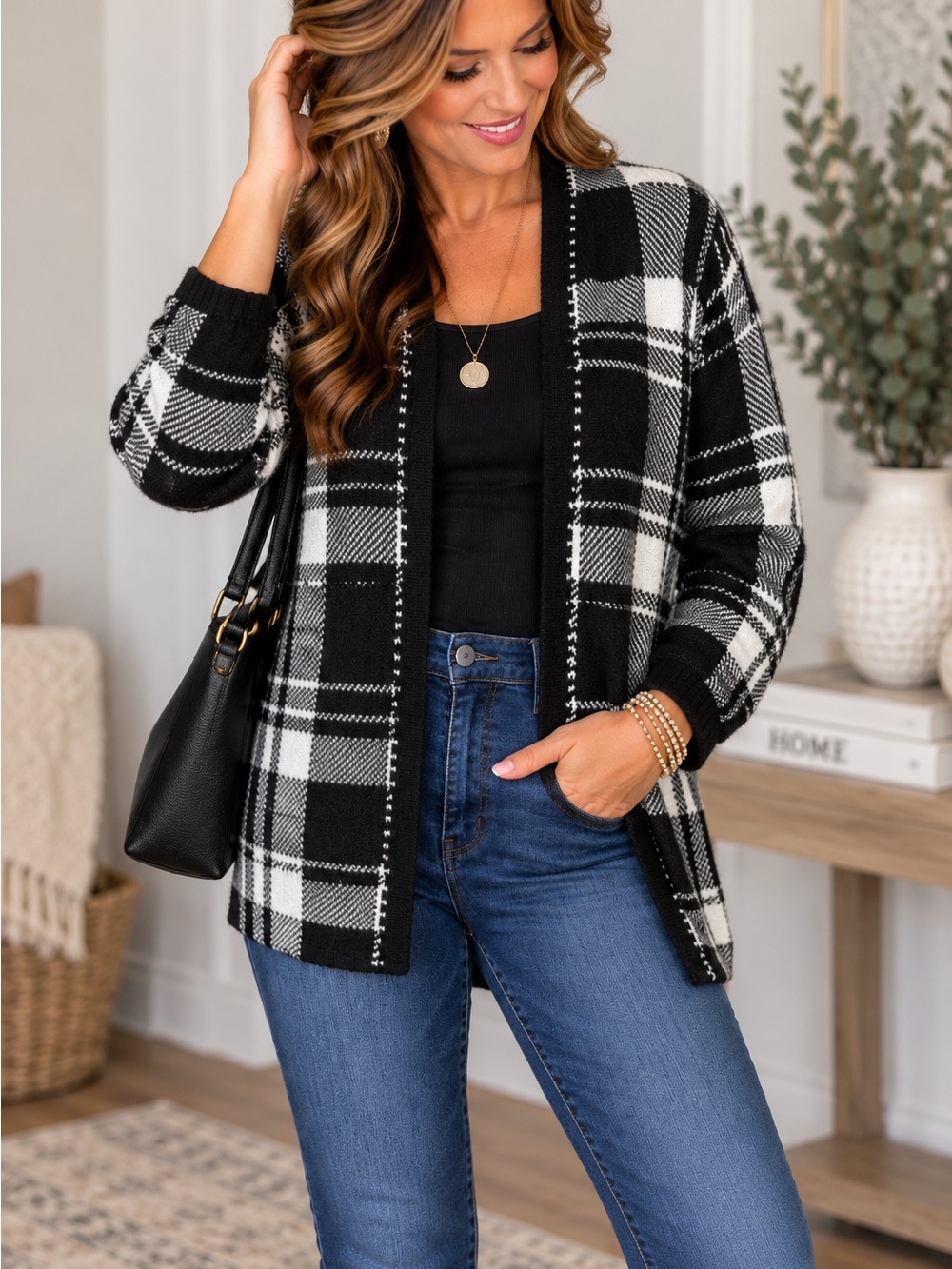 Liz Claiborne Black & White Plaid Open-Front Cardigan